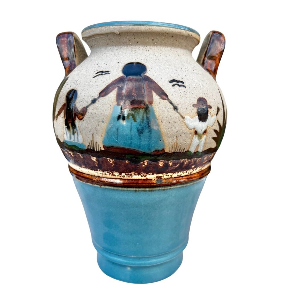 Handmade Mexican Pottery Vase With Handles 7.5" Tall 5.5" D  Hand-Painted